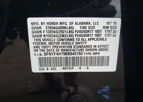 2011 Honda Pilot Ex-L z USA, uszkodzony, nr VIN 5FNYF4H79BB045193